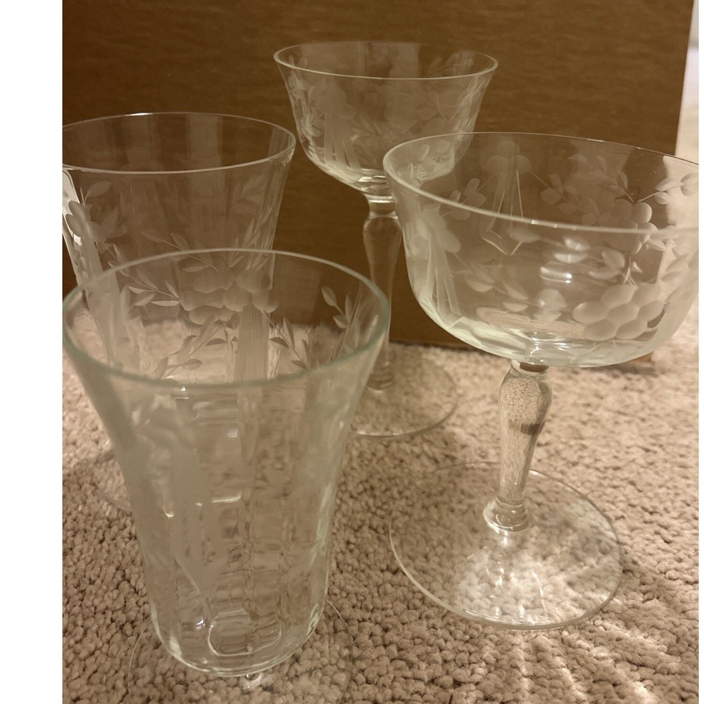 Vintage Etched Glassware‎ Set Coupe Glasses Tumblers Floral Design Crystal Clear